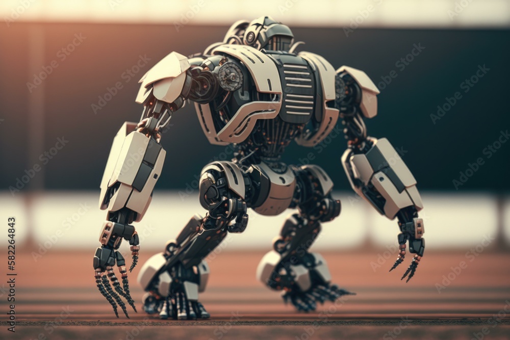 Poster a robot that is standing on one foot and has one foot on the other junkyard animation robotics engin