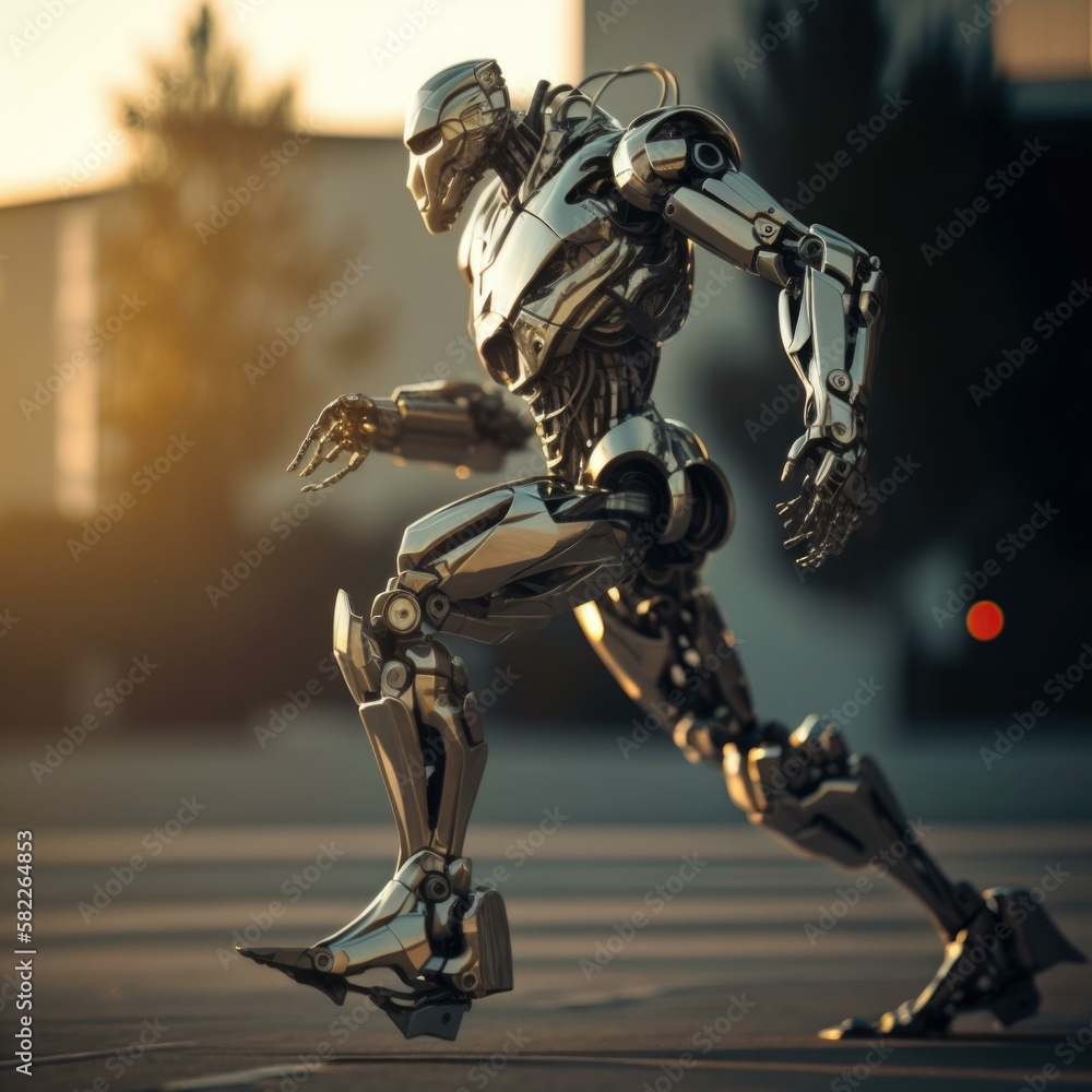 Poster a robot running across a parking lot in a parking lot bike path time-lapse photography robotics engi
