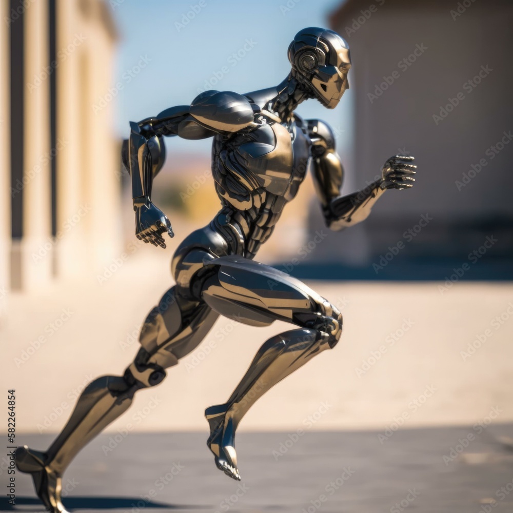 Aufkleber a robot running on a city street in a futuristic suit fitness center animation robotics engineering 