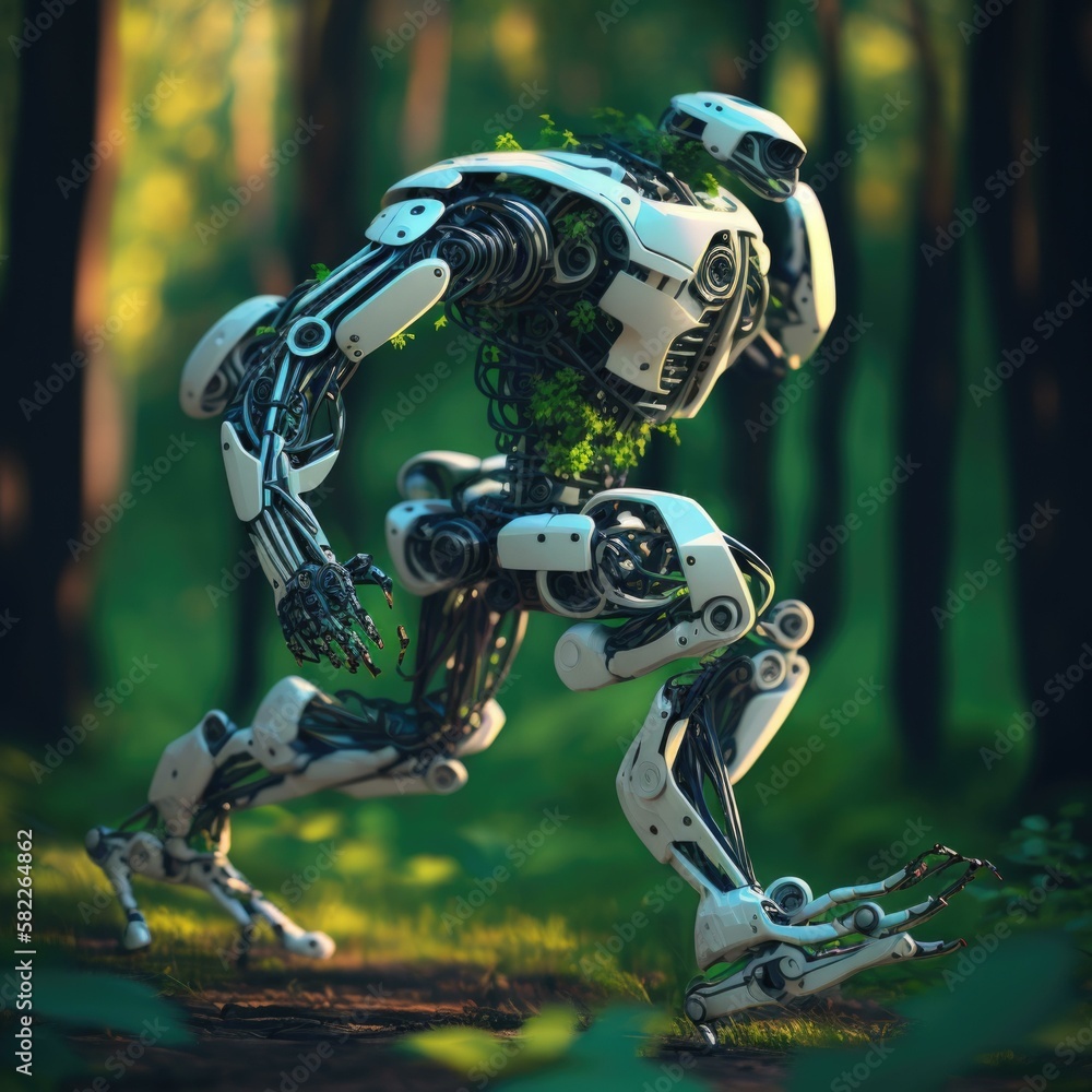 Poster a robot running through a forest in the grass forest environmental art robotics engineering generati