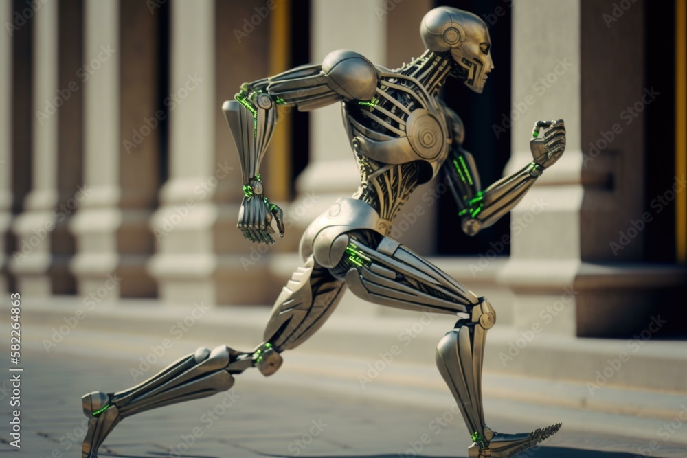 Poster a robot running on a city street with a building in the background fitness center animation robotics
