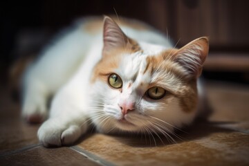 Lovely domestic cat lying on the floor in a private residence. Generative AI