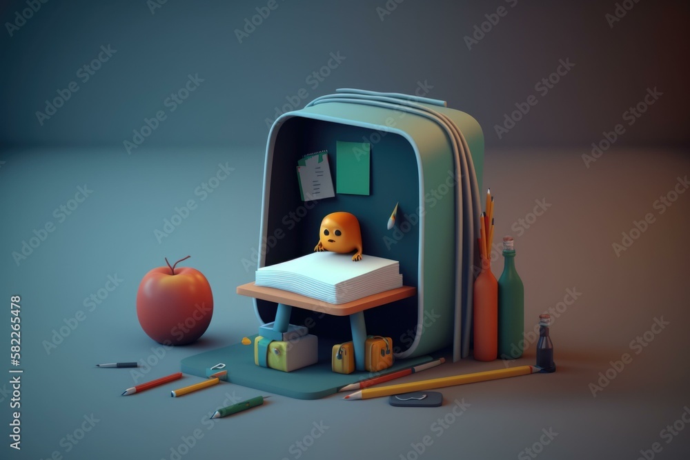 Poster a backpack with a book a pencil a apple and other items classroom photorealism 3d modeling generativ