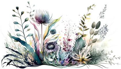 Abstract floral composition with flowers, plants, grasses. Watercolor illustration on a white background. Generative AI.