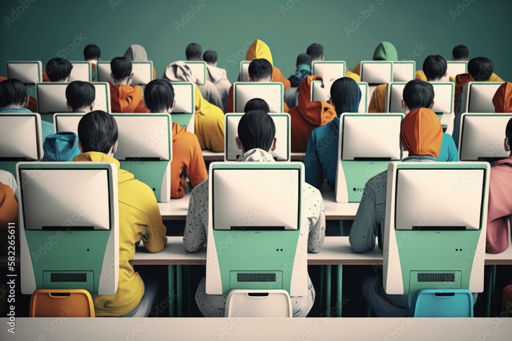 Poster a group of people sitting in front of computers classroom graphic design e-learning