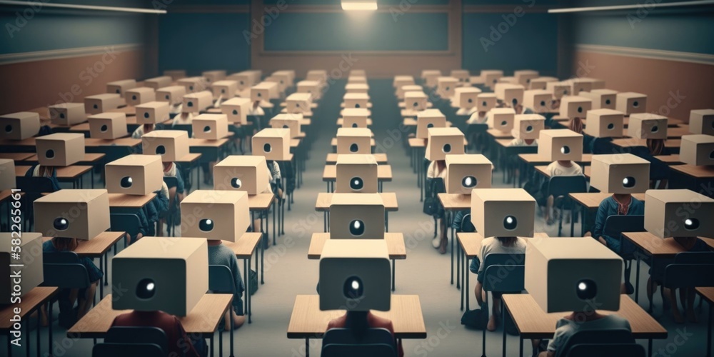 Poster a classroom with rows of desks and computers classroom conceptual art education law