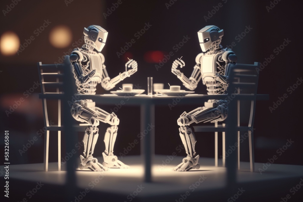 Aufkleber two robots sitting at a table having a conversation restaurant animation artificial intelligence