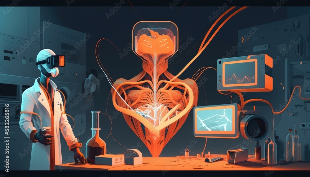 Poster a man in a lab coat standing next to a computer screen hospital animation science writing