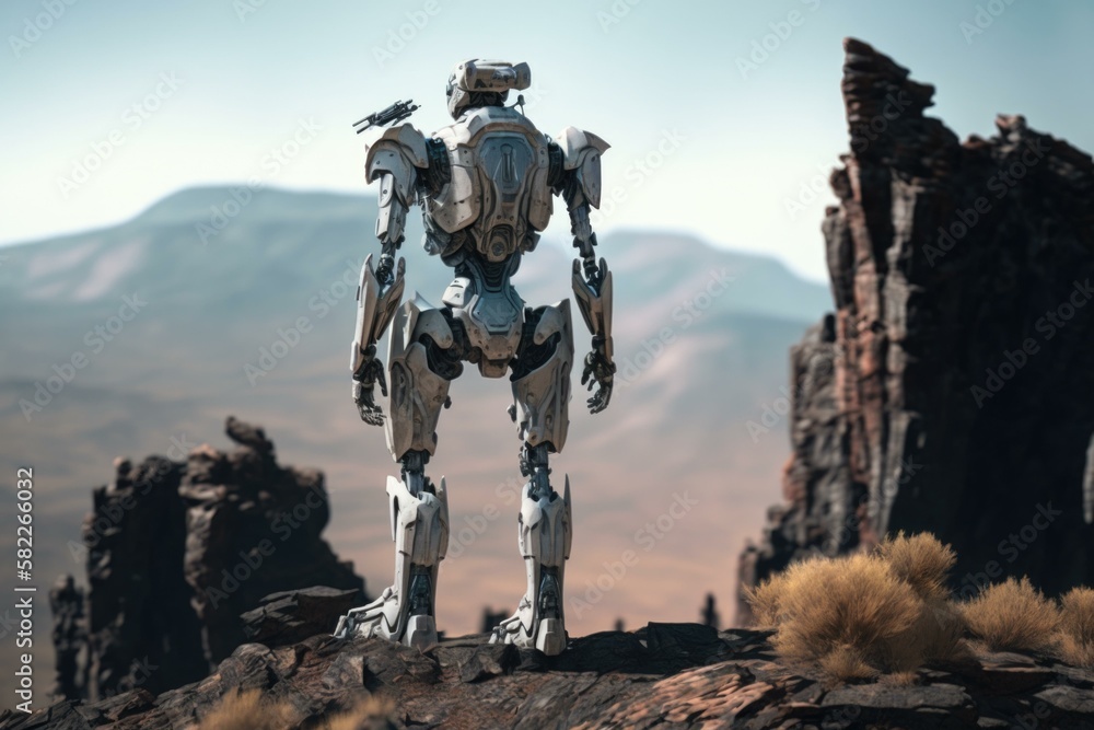 Poster a robot standing on a rocky surface in the desert canyon animation robotics engineering generative a