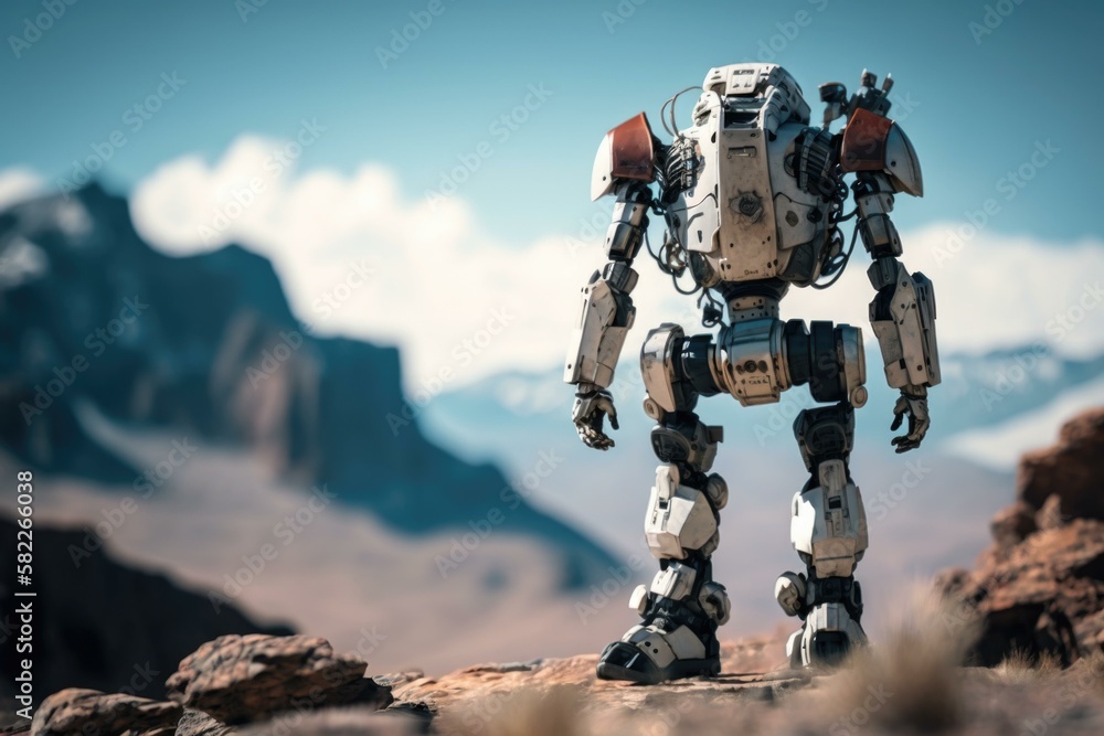 Poster a robot standing on a rocky surface in the desert tundra photorealism robotics engineering generativ