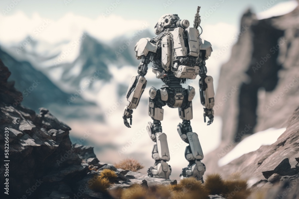 Poster a robot standing on a rocky mountain top in a scene canyon animation robotics engineering generative