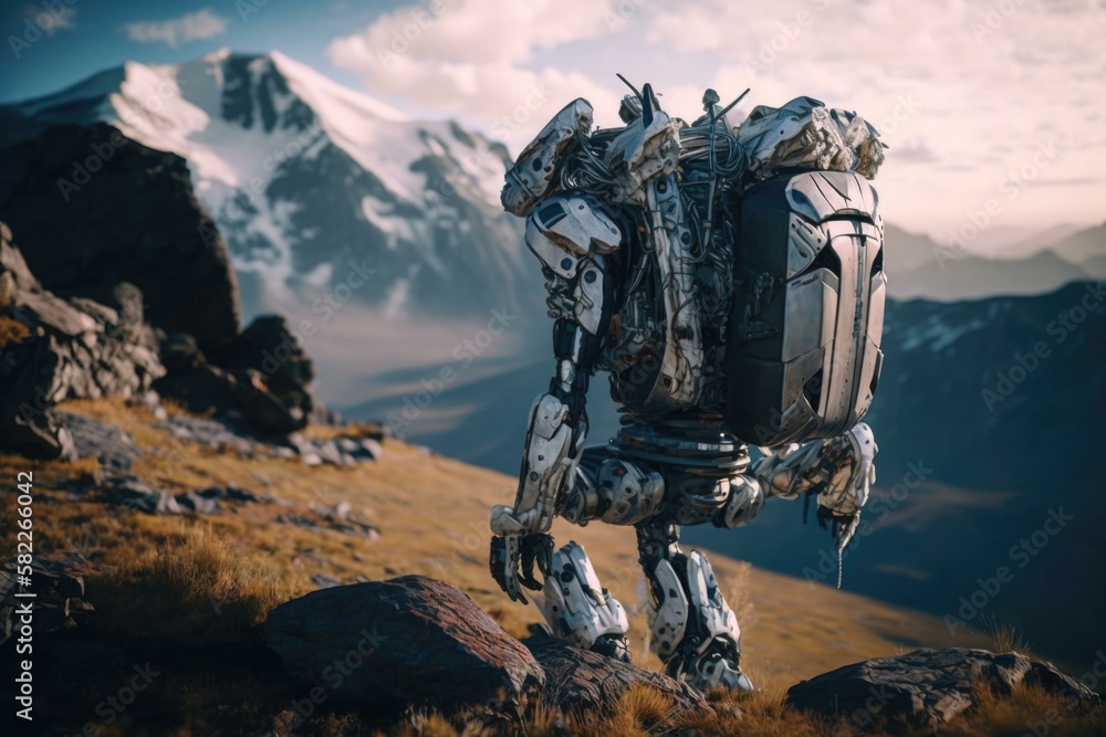 Poster a robot walking on a rocky hillside with mountains in the background tundra environmental art roboti