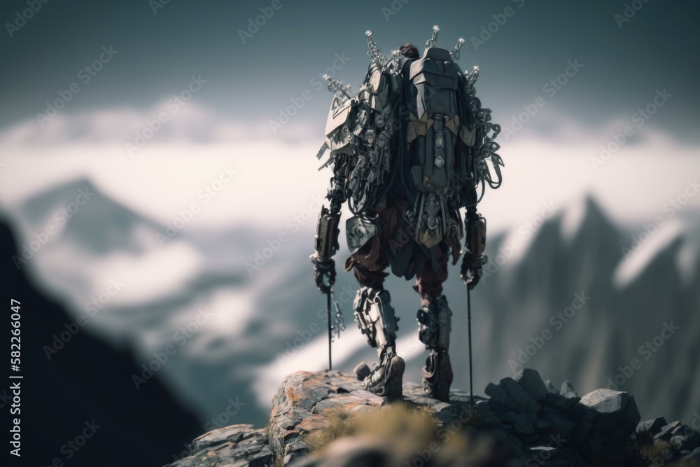 Poster a robot standing on top of a mountain with a backpack tundra animation robotics engineering generati