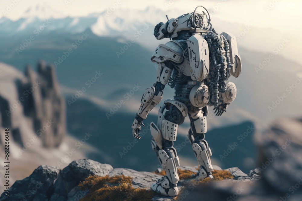 Poster a robot standing on a rocky mountain top with a mountain in the background canyon animation robotics
