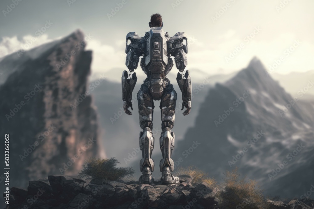 Poster a robot standing on a rocky cliff in front of a mountain canyon animation robotics engineering gener