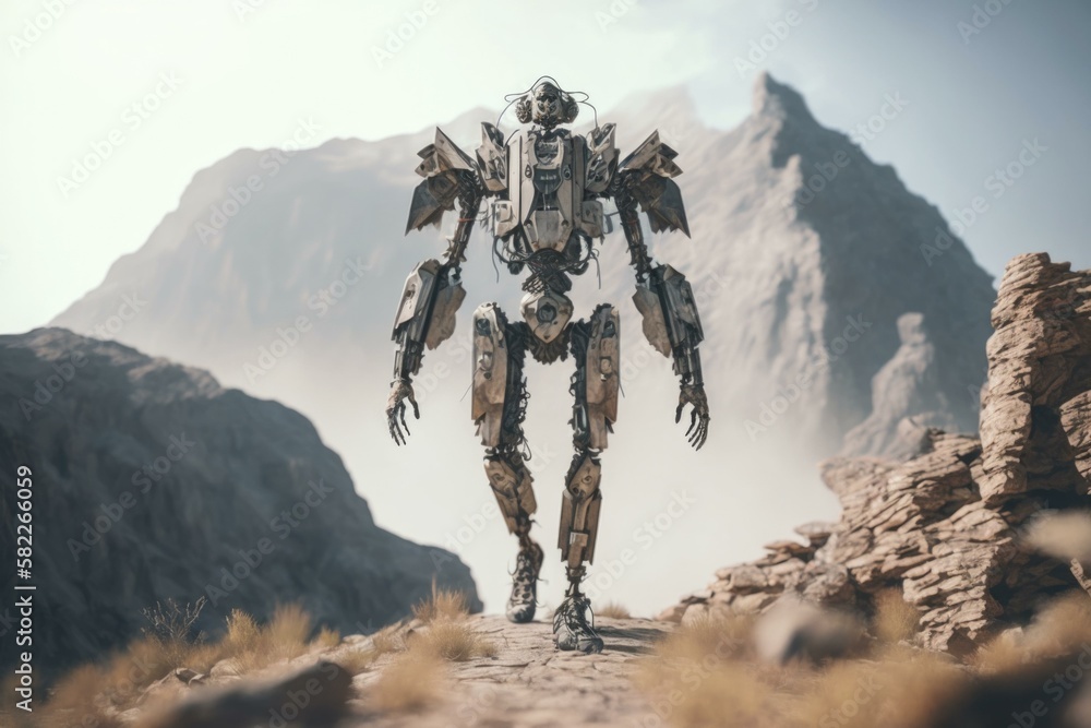 Poster a robot standing on a rocky mountain side in a desert canyon animation artificial intelligence gener