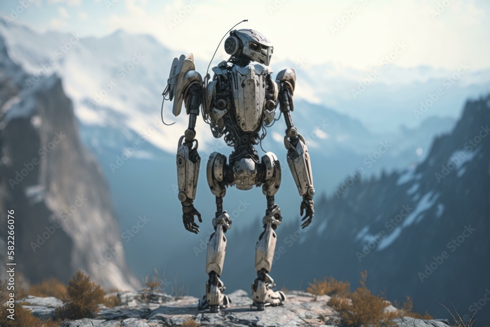 Poster a robot standing on a mountain top with mountains in the background canyon animation robotics engine