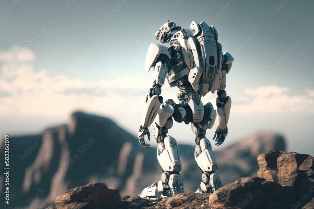 Poster a robot standing on a rocky surface in the desert rocky desert terrain animation robotics engineerin