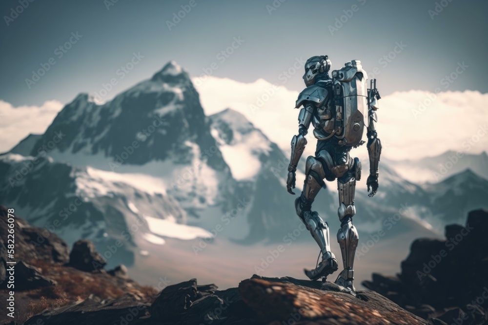 Aufkleber a robot standing on top of a mountain with a backpack lunar landscape environmental art robotics eng