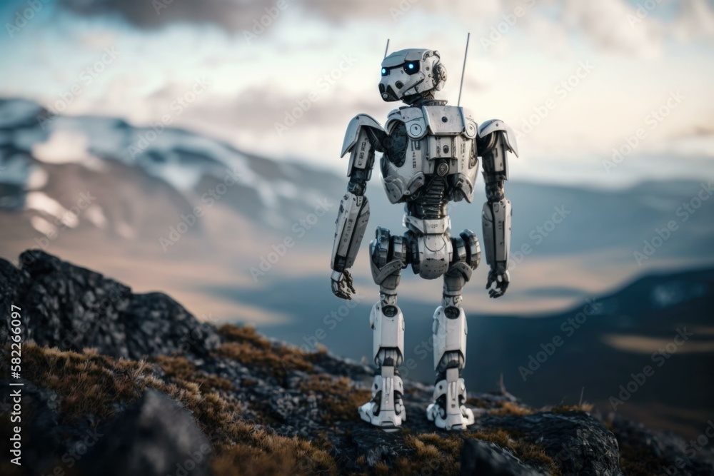 Aufkleber a robot standing on a rocky hill with a mountain in the background tundra panoramic photography robo