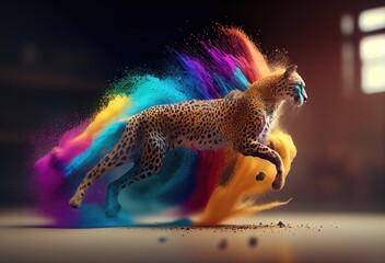 Fototapeta na wymiar Cheetah Rainbow Multi Color Explosion In Chic Style Generative AI