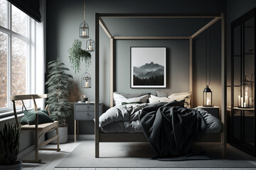 Cozy and minimalistic Scandinavian bedroom, featuring natural materials and soft textures. Ai generated.