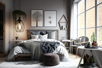 Cozy and minimalistic Scandinavian bedroom, featuring natural materials and soft textures. Ai generated.