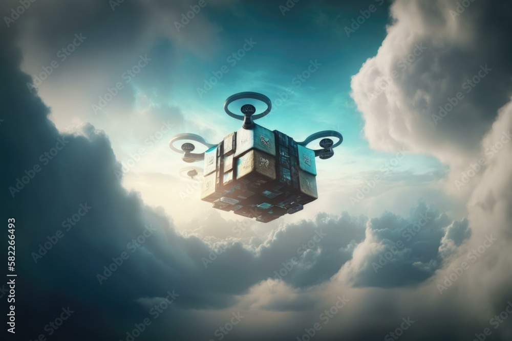 Aufkleber a cube floating in the sky with a camera attached to it factory aerial photography supply chain opti
