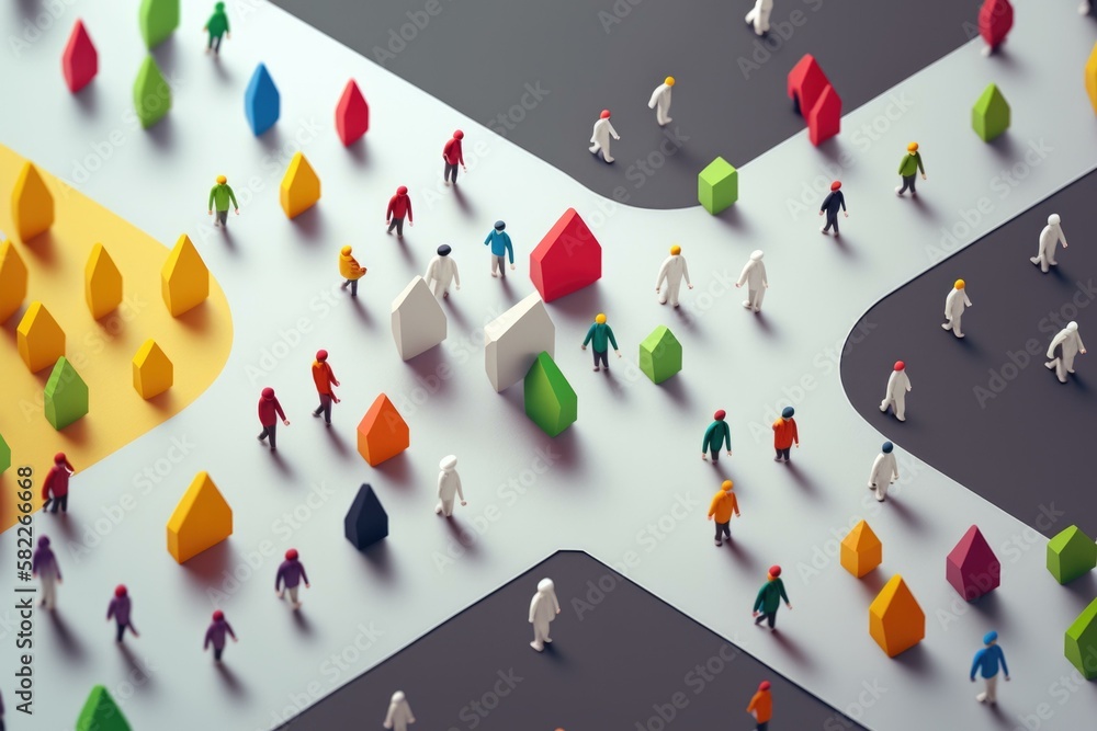 Poster a group of people walking on a road with a colorful arrow suburban cul-de-sac animation motion graph
