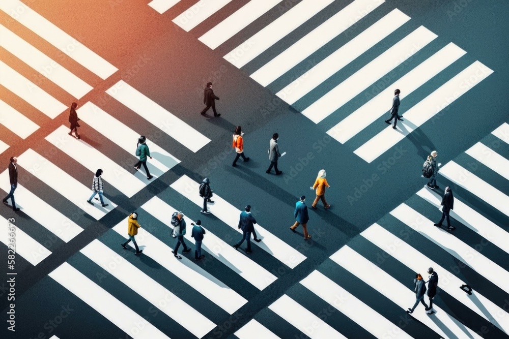 Poster a group of people walking across a cross walk urban street suprematism diversity and inclusion gener