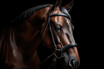 Dressage horse performing in a dark stall wearing a traditional bridle. Generative AI