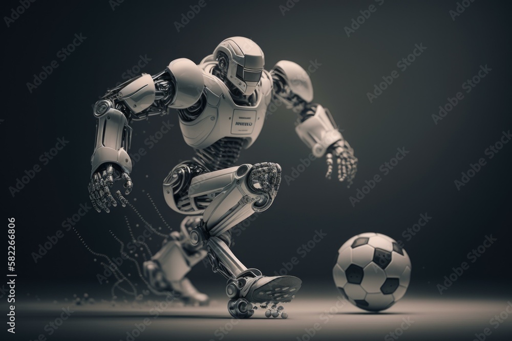 Poster a robot is playing with a soccer ball on a dark background sports bar sports photography robotics en
