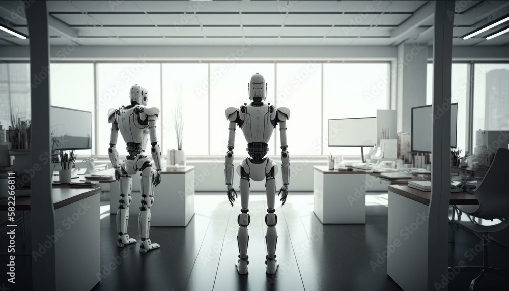 Poster two robots are standing in a room with a desk conference room animation artificial intelligence gene