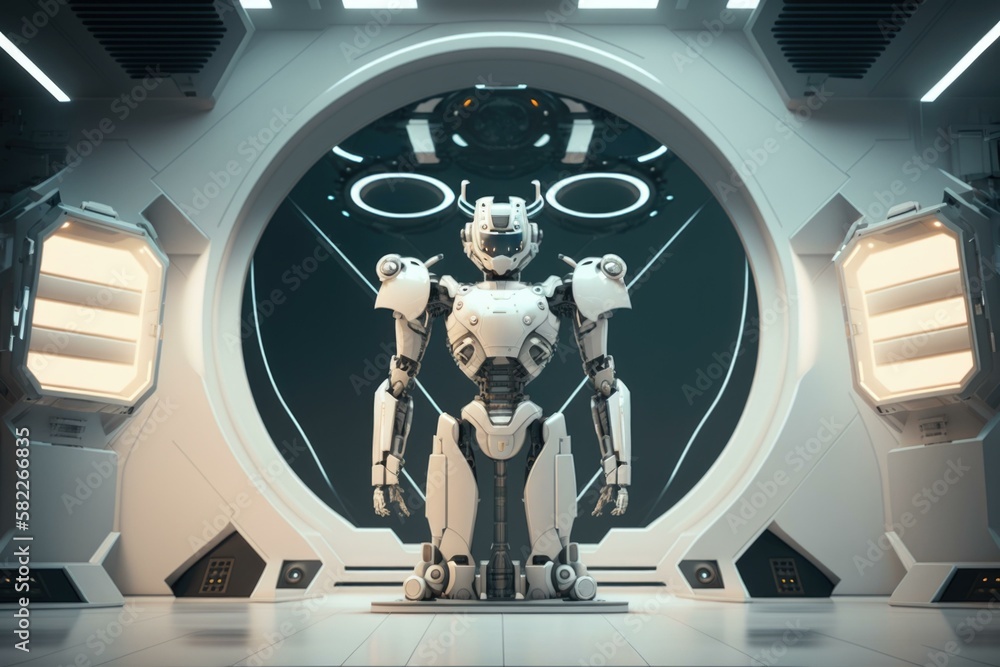 Poster a robot standing in front of a large round window arcade animation robotics engineering