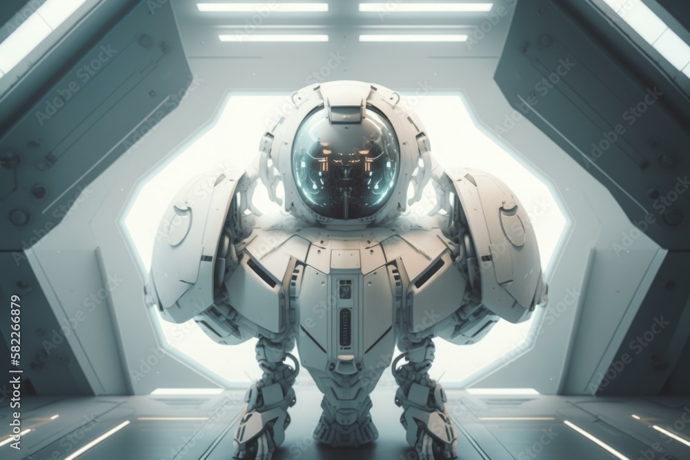 Poster A Futuristic Looking Robot Standing In A Room With A Bright Light Arcade Animation 3D Modeling 