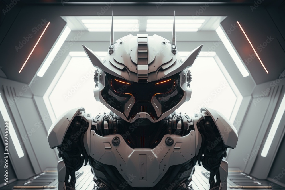 Poster a futuristic robot standing in a space station looking out the window arcade animation artificial in