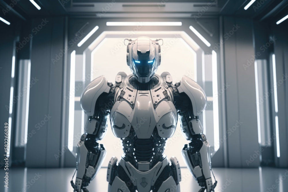 Poster a robot standing in a room with a light coming through arcade animation artificial intelligence