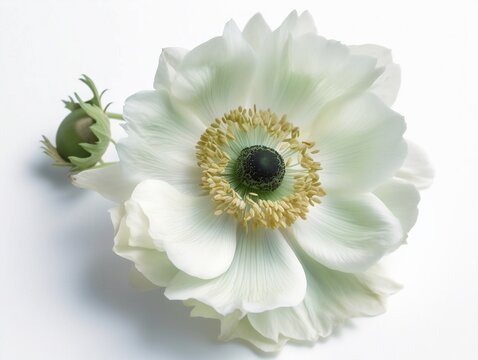 A Single White and Light Green Anemone Flower for All-White Wedding Flatlays and Spring-Inspired Designs