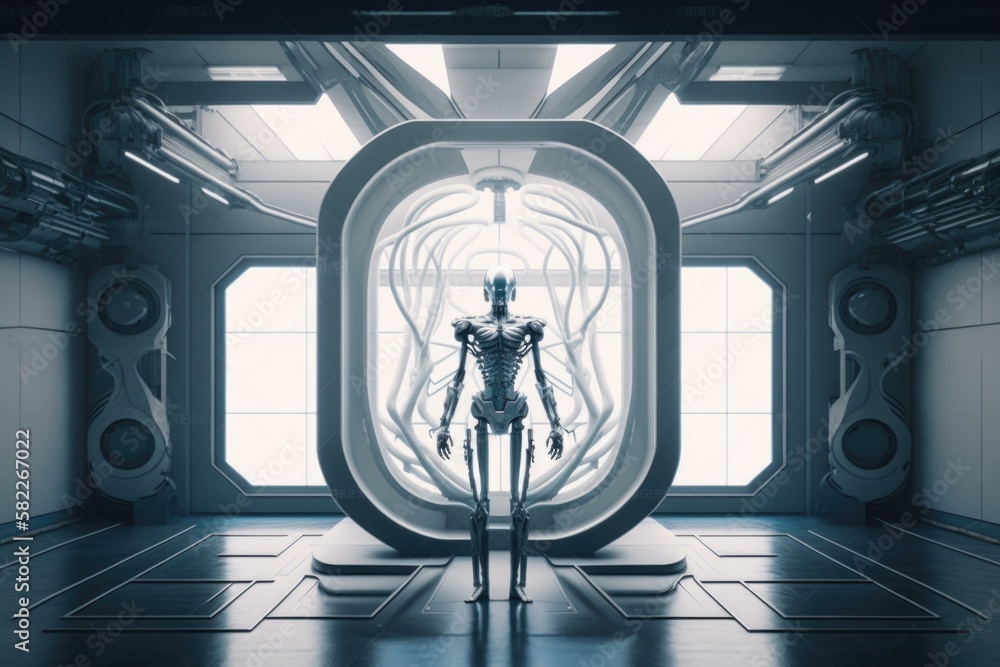 Poster a futuristic looking room with a large window and a skeleton in the center factory animation artific