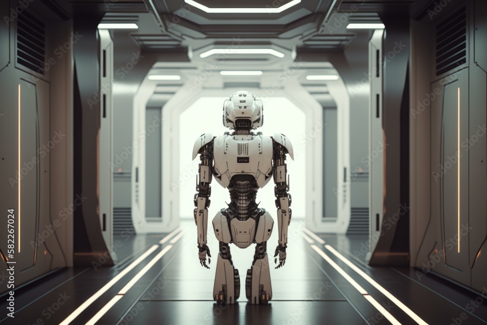 Poster a robot is walking through a hallway in a futuristic building arcade animation robotics engineering 