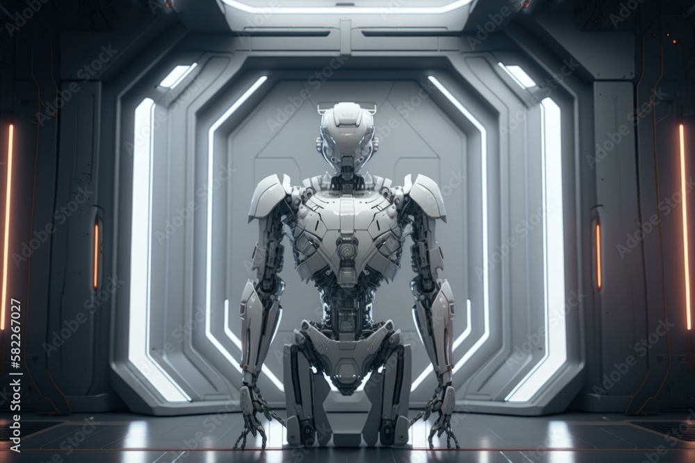 Poster a futuristic robot standing in a large room with neon lights arcade animation artificial intelligenc
