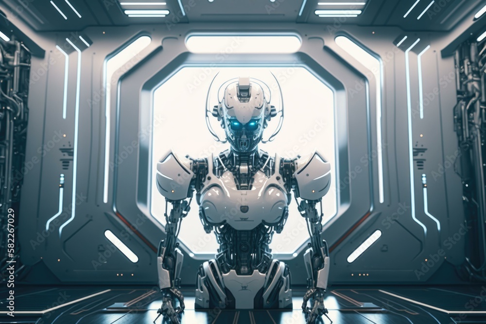 Poster a futuristic robot standing in a futuristic space station factory animation robotics engineering gen