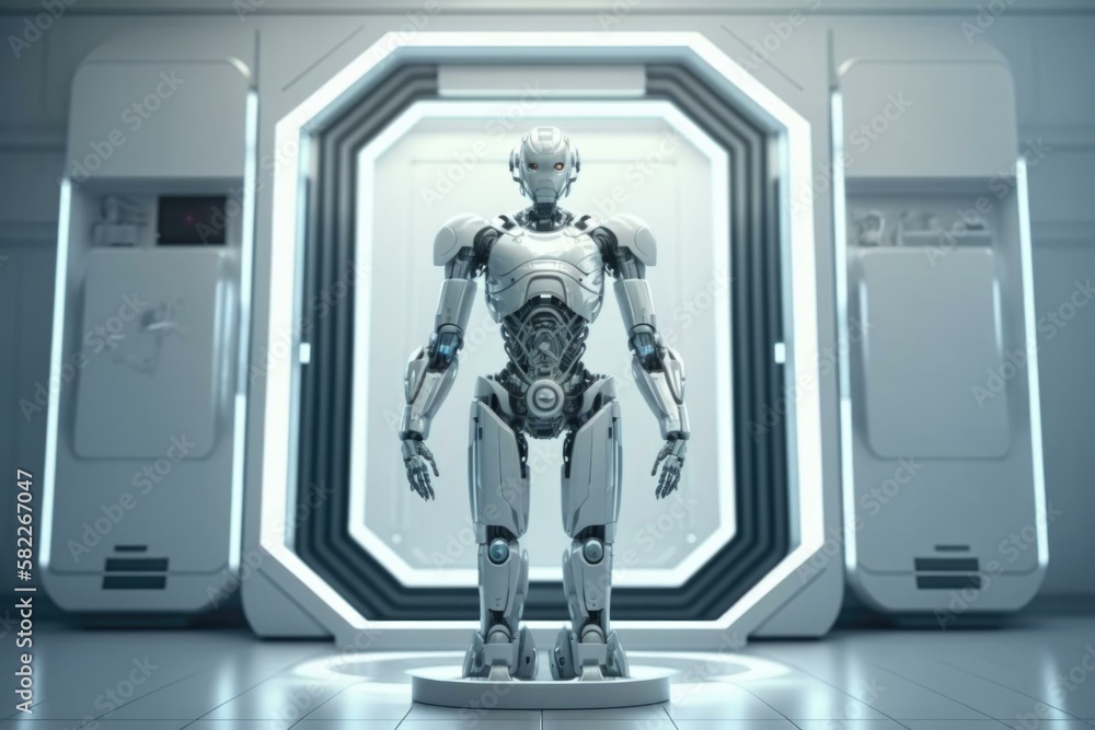 Poster a robot standing in front of a doorway in a futuristic building workshop animation robotics engineer