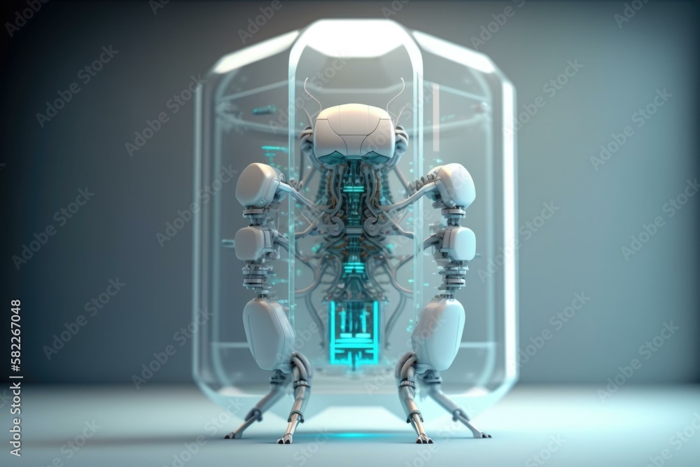 Poster a robot is standing in front of a glass case car repair shop animation robotics engineering generati