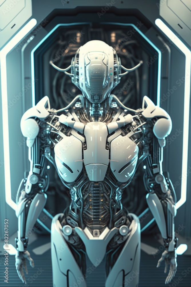 Aufkleber a futuristic robot standing in a futuristic space station car repair shop animation robotics enginee