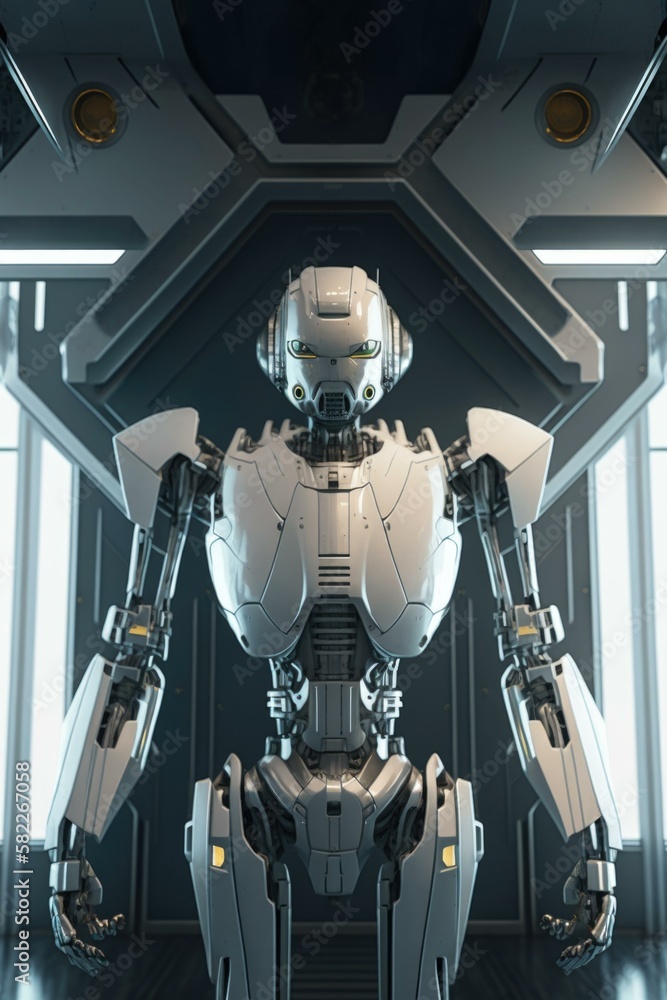 Poster a futuristic robot standing in a room with a window arcade photorealism artificial intelligence gene