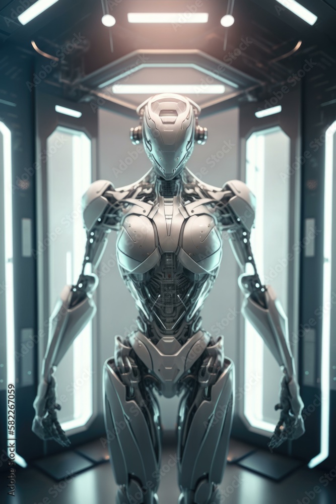 Poster a futuristic robot standing in a doorway with his arms crossed arcade animation robotics engineering