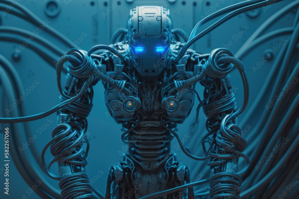 Poster a robot with glowing eyes and wires in his body junkyard assemblage robotics engineering generative 
