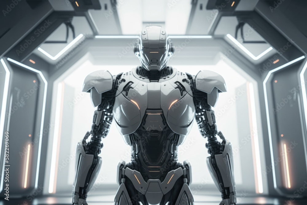 Poster a futuristic robot standing in a futuristic space station arcade animation robotics engineering gene