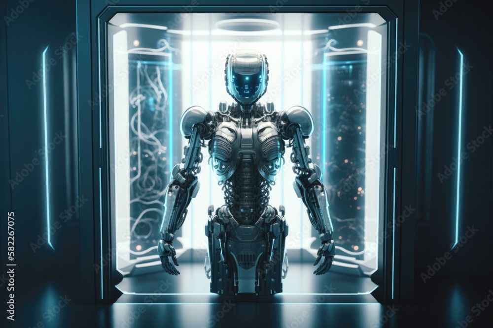 Poster a robot standing in a doorway with a light shining on it factory animation robotics engineering gene
